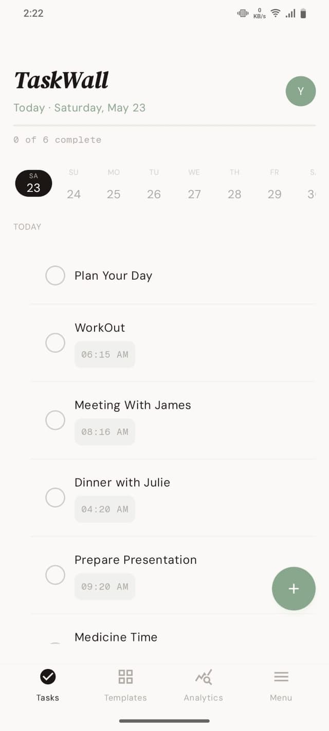 TaskWall home screen with today's tasks